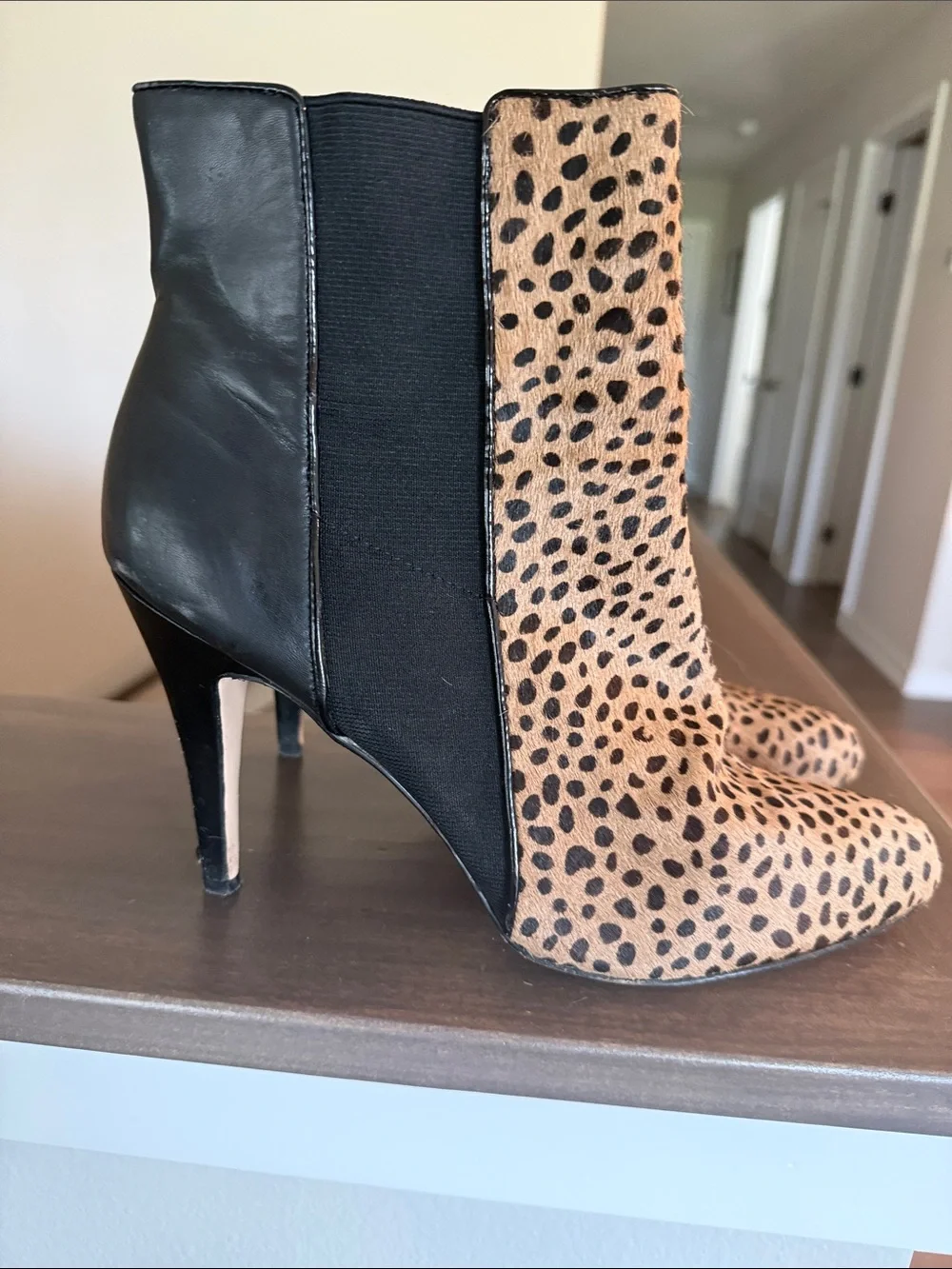 White House Black Market Black and Tan Leopard-Print Ankle Boots